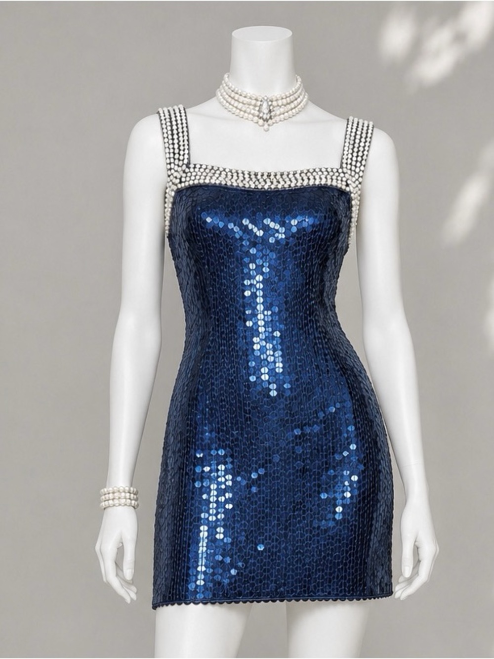 Vintage 80s 90s Cache Navy Sequin Beaded Sheath Dress 6 Glam Cocktail Party